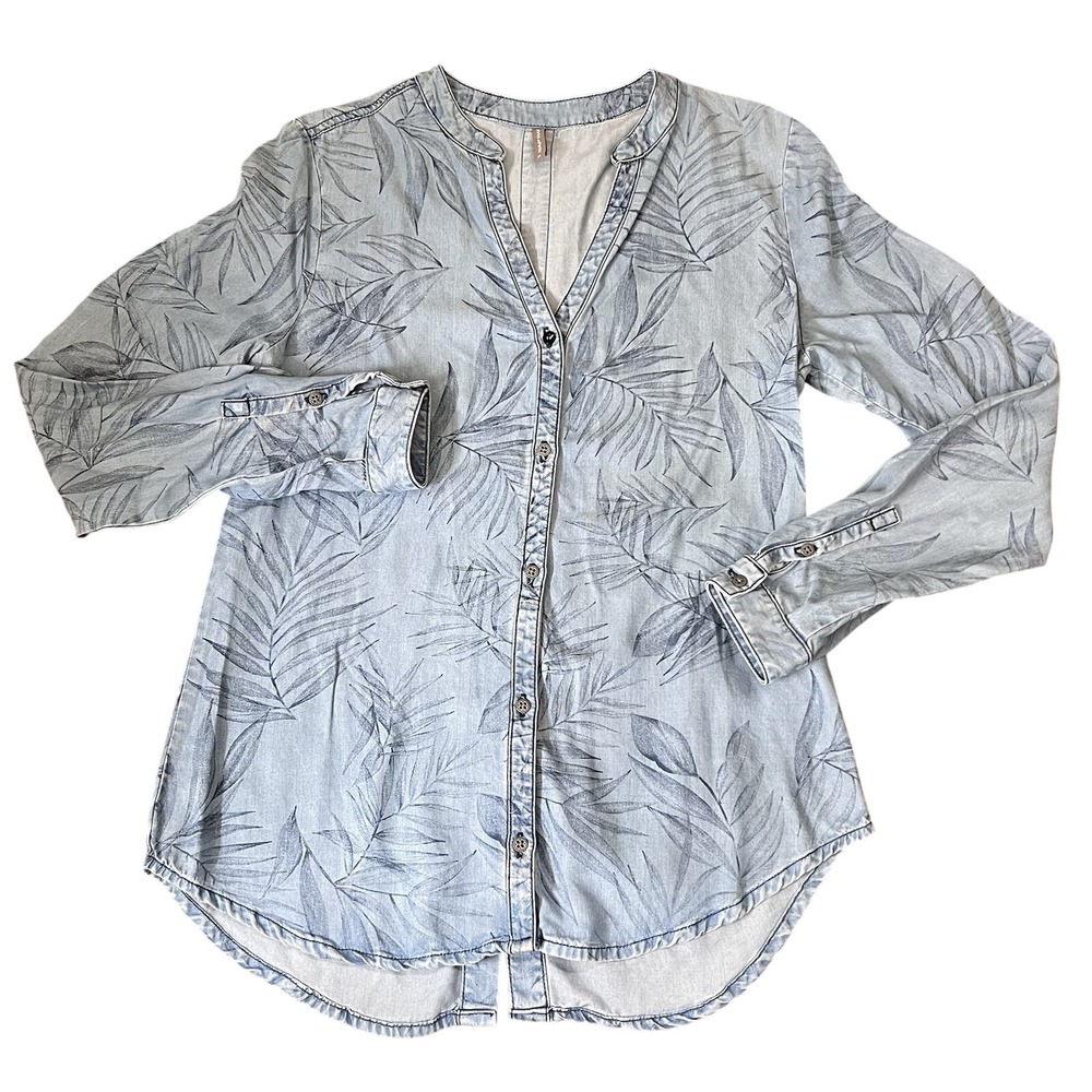 Naf Naf Paris Chambray Button Up Y2K 90s Womens Top Medium Leaves All Over Print